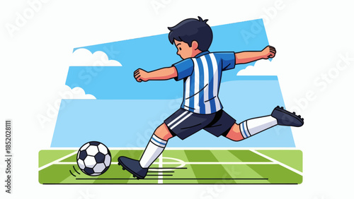 Young Boy Playing Soccer on a Green Field Under a Blue Sky.