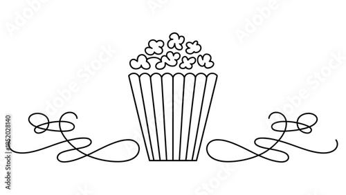 Minimal line art popcorn bucket illustration with decorative swirls representing cinema movie night snack and entertainment concept isolated on white background