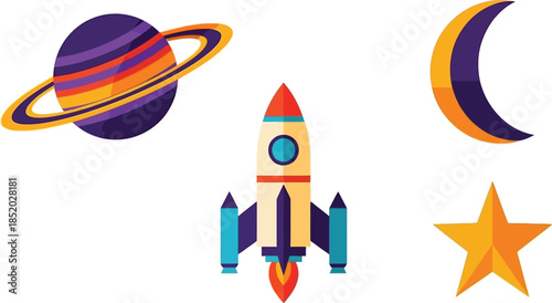 Flat design set of 4 space elements planet saturn crescent moon rocket ship and star