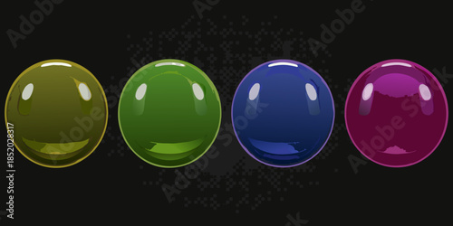 Four colorful oval gems with smiling faces against a dark background