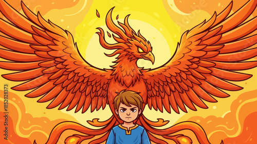 Young Boy Standing Before a Majestic Phoenix Symbolizing Rebirth and Inner Strength.