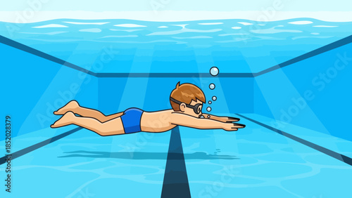 Young boy swimming underwater in a clear blue pool.