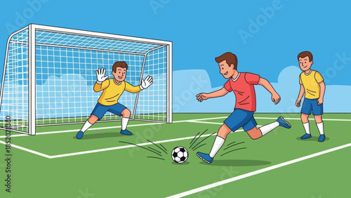 Young boys playing soccer on a green field with a goal and a goalkeeper.
