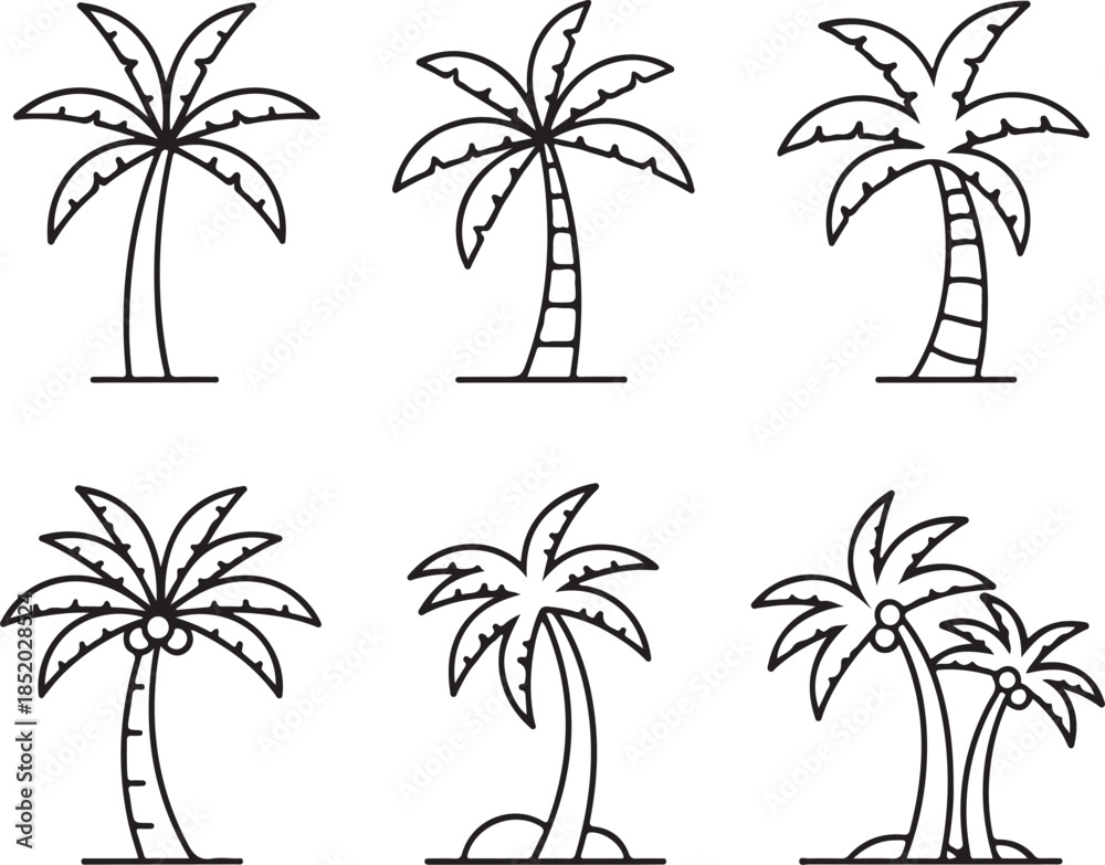 Obraz premium Variety of minimalist black outline palm tree illustrations representing tropical beauty