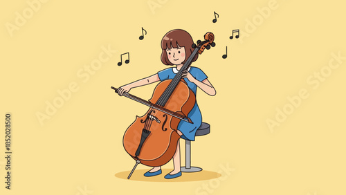 Young girl playing cello with musical notes floating around.