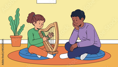 Young girl playing harp while boy listens attentively showcasing a moment of musical learning and enjoyment.