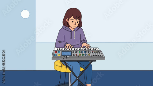 Young girl playing electronic keyboard with focus and dedication.