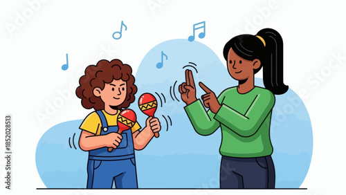 Young girl playing maracas with a teacher during a music lesson.