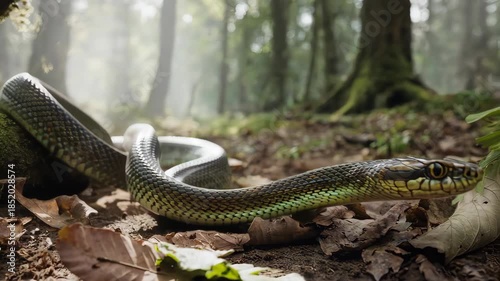 Snake in Forest Environment with Leaves.