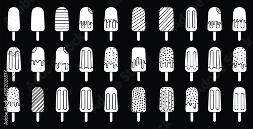 Collection of thirty unique black and white outline icons representing various styles of ice cream bars on a stick
