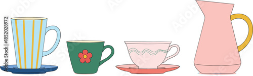 Stylized cups and teacups set with jug modern flat kitchen vector illustration isolated on white