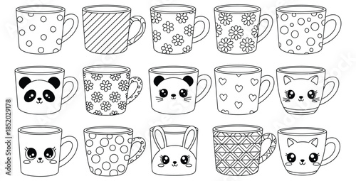 Adorable collection of kawaii animal and patterned coffee mugs perfect for coloring pages