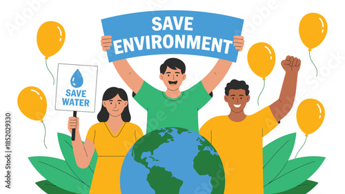 Save environment illustration with diverse people holding eco banners around earth promoting sustainability climate action and environmental awareness