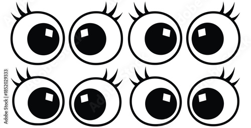 Collection of eight cute cartoon eyes with long black eyelashes isolated on a white background