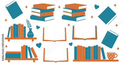 Collection of stylized book illustrations featuring shelves open volumes and cozy reading accessories