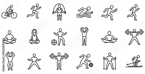 Collection of simple black outline icons representing various physical fitness activities and sports exercises