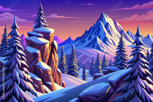 Snow covered pine trees stretch along a mountain cartoon ridge, emphasizing height, exposure, and dramatic winter scenery shaped by wind and elevation