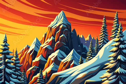 Snow covered pine trees stretch along a mountain cartoon ridge, emphasizing height, exposure, and dramatic winter scenery shaped by wind and elevation