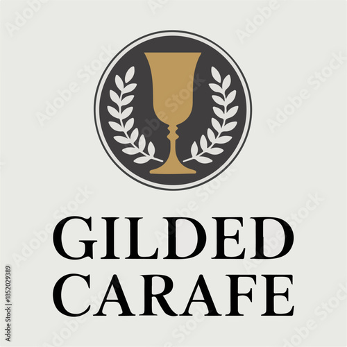 Gilded Carafe goblet emblem with laurel circle, refined beverage brand logo, elegant hospitality vector mark for wine bars, tastings and packaging