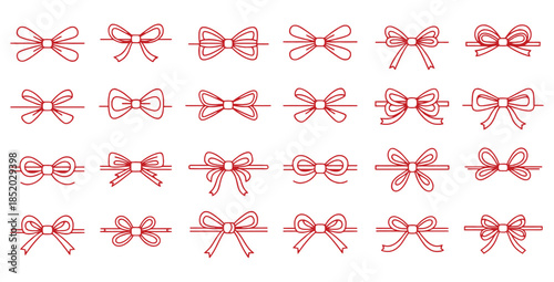Collection of 24 unique red line art gift bows and decorative ribbons perfect for holiday wrapping