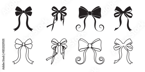 Eight bow illustrations with flowing ribbon tails in black and white
