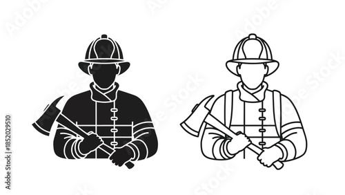 Two firefighter icons in black and white each holding an axe