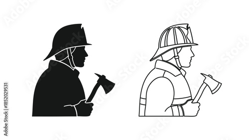 Two firefighter silhouettes one solid black one outlined each holding an ax