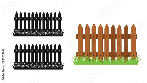 A visual comparison of black and brown picket fences with grass