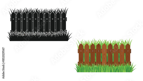 A comparison of a black and a brown wooden picket fence with grass