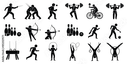 Collection of various black silhouette icons representing different sports and physical fitness activities for graphic design