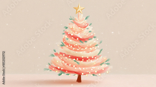 Beautifully illustrated Christmas tree with soft pink and white ribbons, glowing lights, and golden star top, evoking festive