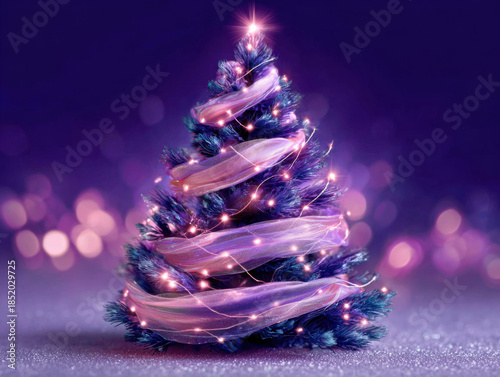 Glowing Christmas tree with purple lights and ribbon, symbolizing joy of new year in festive atmosphere