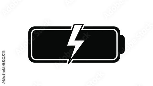 A simple black and white illustration of a battery charging with a lightning bolt