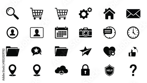Collection of various black and white vector icons representing different functions