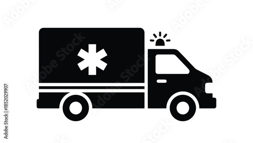 Simple black and white silhouette of an ambulance vehicle with a medical star