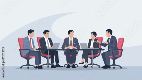 Business meeting illustration with corporate team sitting at conference table discussing strategy planning teamwork and professional collaboration concept