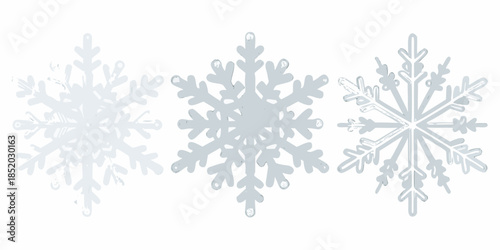 Three delicate snowflakes in shades of gray and white winter s beauty