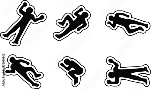 Set of dead body icons, collection of crime scene human silhouettes, group of flat vector symbols, add corpse, victim, murder, death, forensic illustration, black icon