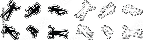 Set of dead body icons, collection of crime scene human silhouettes, group of flat line vector symbols, add corpse, victim, murder, death, forensic illustration, black icon