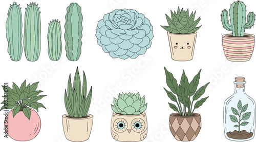 Cute hand drawn indoor potted plants and succulents collection with cactus terrarium and decorative owl pots isolated