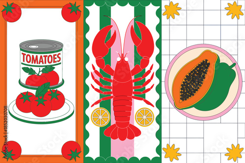 Vibrant illustration of food elements including canned tomatoes, a lobster, and tropical fruit