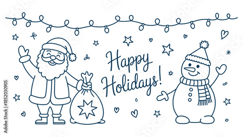 Happy holidays hand drawn line art illustration with santa claus snowman lights and festive decorations for winter season greeting design