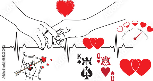 Collection of red valentine heart symbols and cupid arrow graphics on transparent background