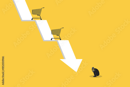 Trolley supermarket shopping chart down. concept of sales decline, Financial crisis, and inflation