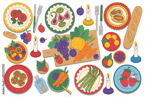 Vibrant flat lay of a colorful harvest feast with fresh fruits, vegetables, bread, and candles