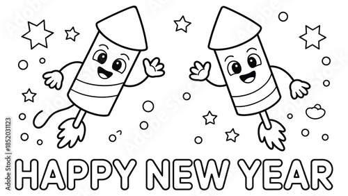 Happy new year cartoon fireworks characters line art illustration for kids coloring book festive celebration design isolated on white background