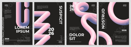 Pack of aesthetic poster background templates with abstract 3d pink fluid tube shapes and minimal text layout for magazine cover