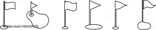 Golf Flag Line Style Vector Icon Set, Course Marker Symbol Collection and Sports Outline Graphic Group Featuring Hole Flag, Pin Elements in Minimal Design