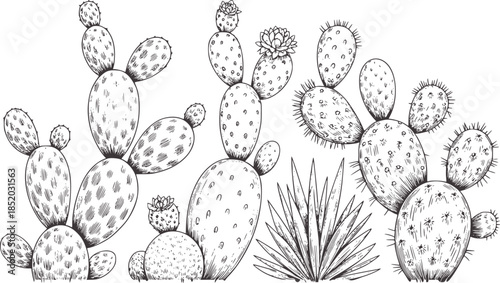 Detailed black and white line of various prickly pear cacti with flowers
