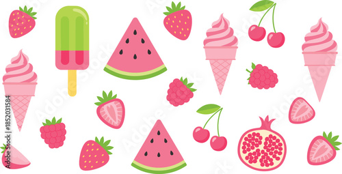 Sweet pink summer fruit and ice cream vector collection with strawberry watermelon cherry pomegranate and popsicles isolated